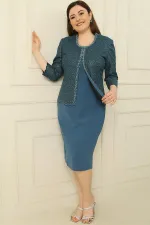 Robe en crêpe avec col et doublure ornés, veste à sequins, ensemble deux pièces grande taille