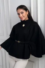 Kadın Tek Düğmeli Beli Kemerli Kaşe Panço