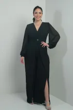 Combinaison en crêpe grande taille pour femme, col en V, fermeture à un bouton, manches en mousseline, semi-doublée