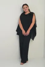 Cape en satin à col et doublure à sequins pour femme, chemisier sans manches, pantalon palazzo, ensemble 3 pièces en mousseline doublée grande taille