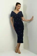 Kadın Tafta Madonna Yaka Önü İnci Detaylı Astarlı Abiye Elbise