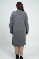 Kadın  Cepleri Şerit Detaylı Büyük Beden Uzun Triko Hırka