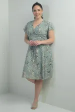 Robe en lin imprimé grande taille, doublée, col croisé, manches volantées