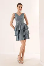 Ön Arka V Yaka Simli Katlı Elbise