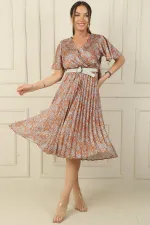 Robe en satin à fleurs plissées, col croisé, fente, manches à volants, doublée, taille ceinturée