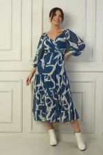 Madonna Yaka Astarlı Çapraz Bağlamalı Soyut Desen Kruvaze Şifon Elbise