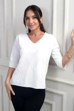 Kadın V Yaka Baklava Desenli Yarım Kol Simli Bluz