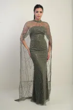 Women's Strapless Stone-Sequin Embroidered Cape-Lined Long Evening Dress