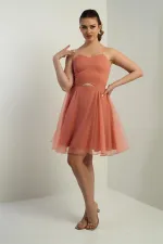 Women's Strappy Back Lace-up Front Openwork Lined Dahlia Organza Flared Short Dress