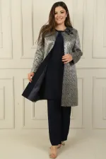 Sleeveless Blouse with Side Slits, Beaded Detail, Lined Long Jacquard Jacket and Trousers, Plus Size 3-Piece Set