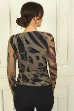 Women's Asymmetrical Collar Gathered Waist Leopard Pattern Tulle Blouse