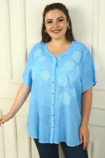 Daire Desenli Metal Düğmeli Yıkamalı Kısa Kol Büyük Beden Gömlek