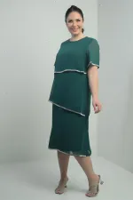 Kadın Taş Detaylı Astarlı Kısa Kollu 3 Kat Şifon Büyük Beden Elbise