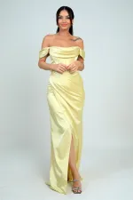 Kadın Straplez Düşük Kollu Astarlı Balenli Saten Uzun Elbise