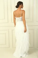 Robe bustier à bretelles perlées, doublure à franges et long tulle