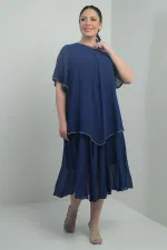 Robe midi en mousseline doublée à manches courtes à volants pour femme, grande taille, ornée de pierres