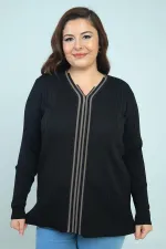 Kadın V Yaka Önü Şeritli Fitilli Soğuk İplik Büyük Beden Triko Bluz