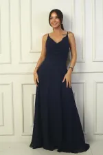 Kadın İp Askılı Drapeli Astarlı Şifon Uzun Elbise