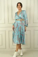 Women's Double-Breasted Waist Belted Lined Floral Pleated Satin Dress