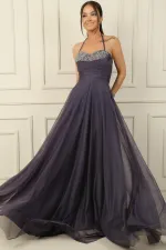 Önü Drapeli Taş Detaylı Astarlı Uzun Tül Abiye Elbise