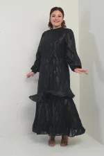 Kadın Beli İpli Astarlı Baskılı Fırfırlı Büyük Beden ŞifonTesettür Elbise