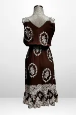 Kadın Ön Arka v Yaka Beli Lastikli Cepli Çiçek Desenli Rahat Kalıp Elbise