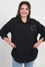 Chemise grande taille pour femme avec fentes latérales, applications florales et manches repliées