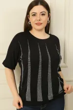 Kadın Piramit Taşlı Kısa Kollu Büyük Beden Bluz