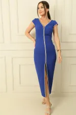 V-Neck Double Sleeve Dress with Rhinestone Embellishment and Slit