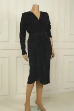 Women's Wrap Collar Belted Lined Embellished Plus Size Midi Dress