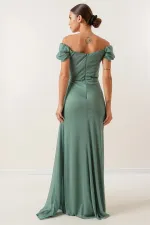 Önü Büzgülü Düşük Kol Astarlı Simli Uzun Elbise