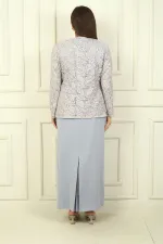 Robe longue à col perlé, ensemble deux pièces grande taille avec veste brodée de perles et de sequins, doublée.