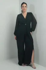 Combinaison en crêpe grande taille pour femme, col en V, fermeture à un bouton, manches en mousseline, semi-doublée