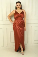 İp Askılı Kruvaze Yaka Beli Pileli astarlı Saten Uzun Abiye Elbise