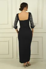 Robe longue fendue en crêpe pour femme, décolleté en cœur, taille à boucle, manches brodées de pierres