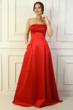 Women's Strapless Lined Long Satin Evening Dress with Pockets