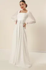 Robe de soirée longue en mousseline doublée, col carré et ceinture à la taille