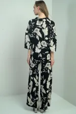 Women's Floral Print Long-Sleeve Shirt Two-Piece Set with Elastic Waist and Drawstring