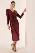 V Yaka Önü Büzgülü Astarlı Pulpayet Elbise