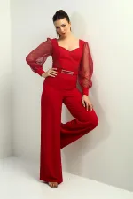 Women's Sweetheart Neckline Long Tulle Sleeved Belted Palazzo Crepe Jumpsuit