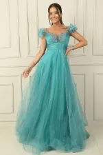 Ön Arka V Yaka İp Askılı Düşük Kollu Önü Taş Detaylı Astarlı Uzun Tül Elbise