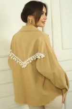 Women's Shirt with Ethnic Stripe Back, Tassels, Metal Button Front, and Single Pocket