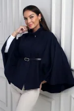 Kadın Düğmeli Beli Kemerli Kaşe Panço