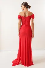 Önü Büzgülü Düşük Kol Astarlı Simli Uzun Elbise