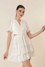 Bel Dekolteli Arkası Çapraz İpli Kat Kat Şifon Elbise