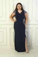 Ön Arka V Yaka Kol Ve Bel Taş Detaylı Astarlı Drapeli Simli Büyük Beden Likralı Uzun Elbise