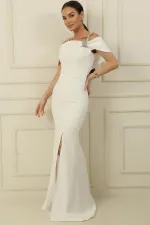 İp Askılı Balenli Yakası Garnili Taşlı Astarlı İthal Krep Full Telalı Uzun Elbise