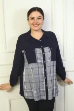 Kadın Çift Cepli Önü Ekoseli Kol Katlamalı Büyük Beden Viskon Gömlek