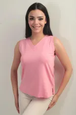 Kadın V Yaka Kolsuz Likralı Bluz