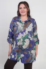 Kadın Batik Desenli Büyük Beden Krep Saten Uzun Gömlek